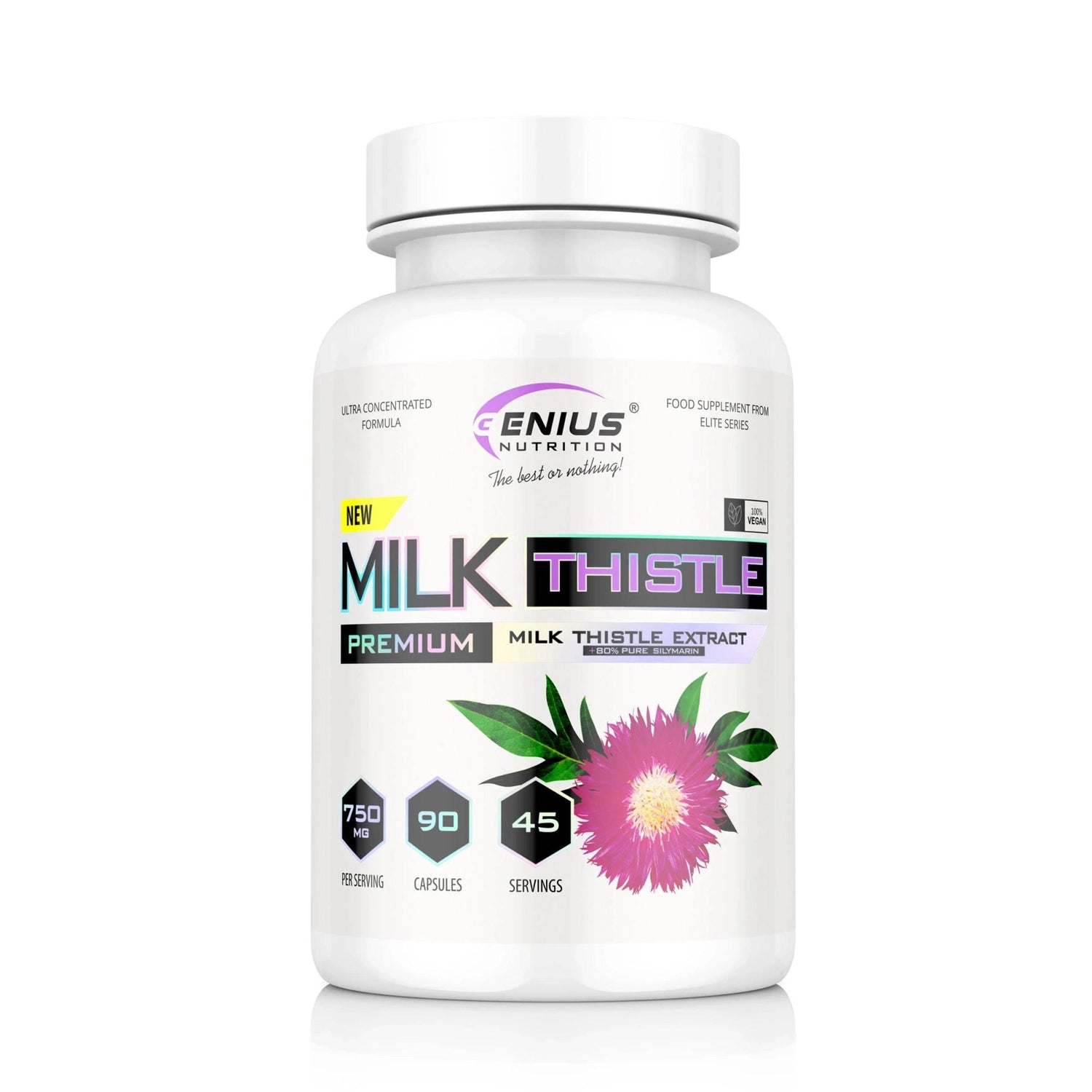 Genius Nutrition Milk Thistle supplement bottle with 90 capsules, designed to support liver health and detoxification.