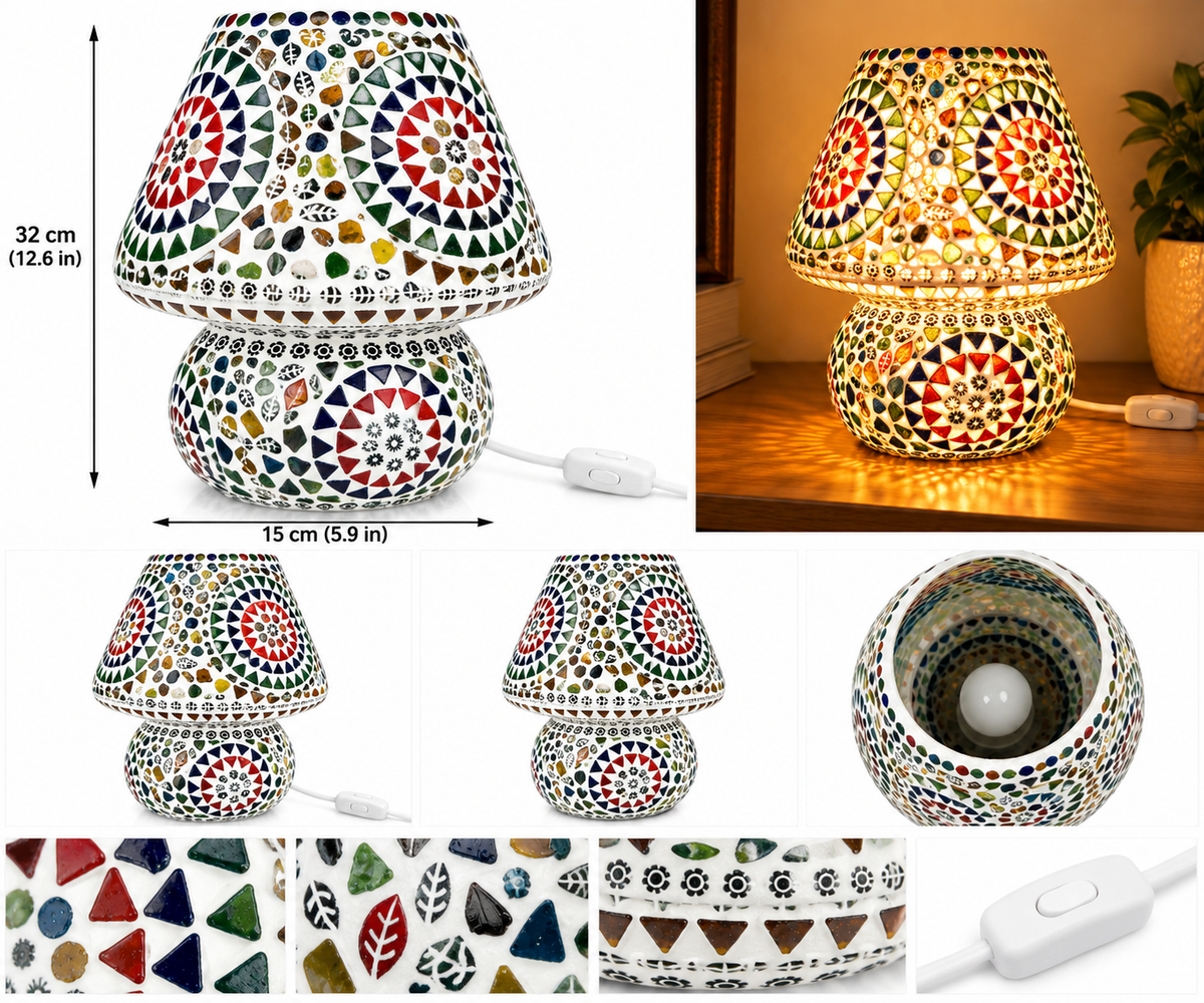 Handmade multicolor mosaic table lamp by homes, 32 cm boho bedside decorative gift set with intricate mosaic design.