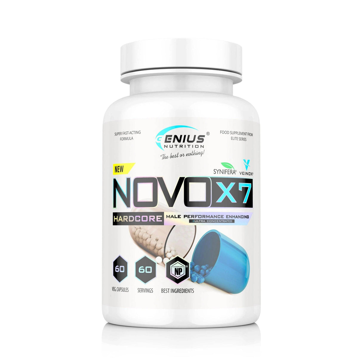 Genius Nutrition Novo X7 supplement bottle with 60 capsules, dietary supplement for health and wellness.