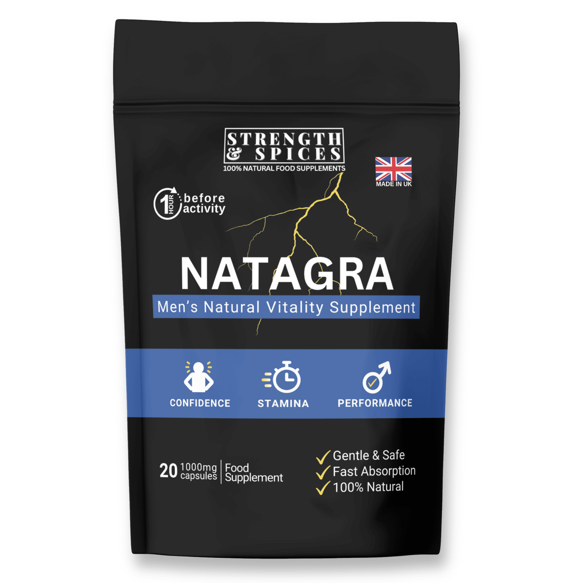 Natagra male vitality supplement by Strength & Spices, 20 capsules, featuring herbal ingredients for energy and stamina.