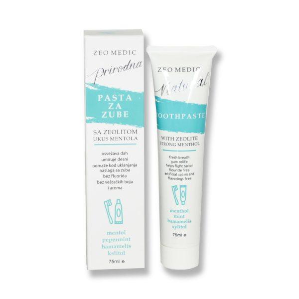 ZEO-MEDIC natural toothpaste with zeolite, peppermint and menthol, 75ml, showing the toothpaste tube with mint-flavored ingredients.