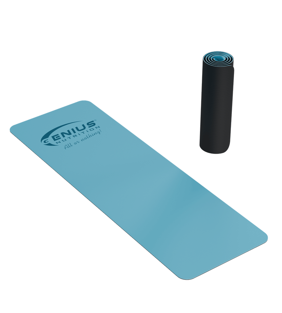 Blue GN® Yoga Mat PU accessory from Genius Nutrition, showing textured surface and durable material for yoga practice.