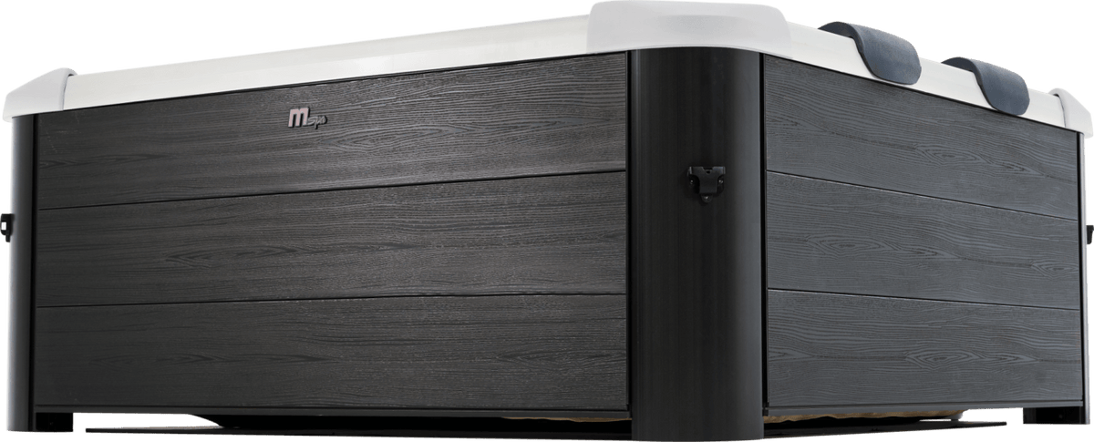 Viking Fitness MSpa Oslo Plus outdoor hot tub with seating and controls, set up outdoors for relaxing spa experience.