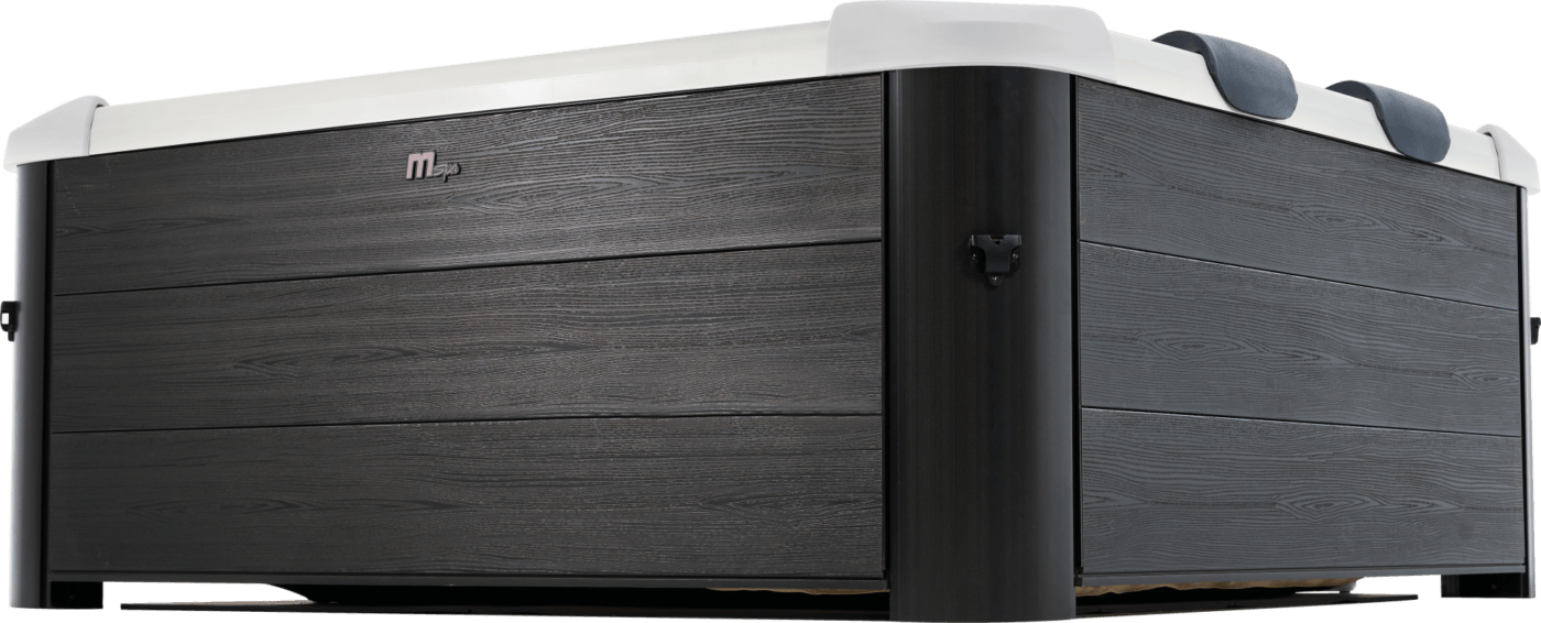 Viking Fitness MSpa Oslo Plus outdoor hot tub with seating and controls, set up outdoors for relaxing spa experience.