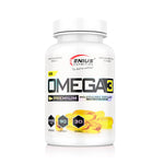 Bottle of Genius Nutrition Omega-3 90 softgels supplement with softgel capsules on a white background.