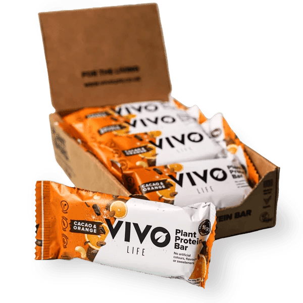 Vivo Life Plant Protein Bars with cacao and orange flavor, showing the energy snack bars with orange and chocolate accents.