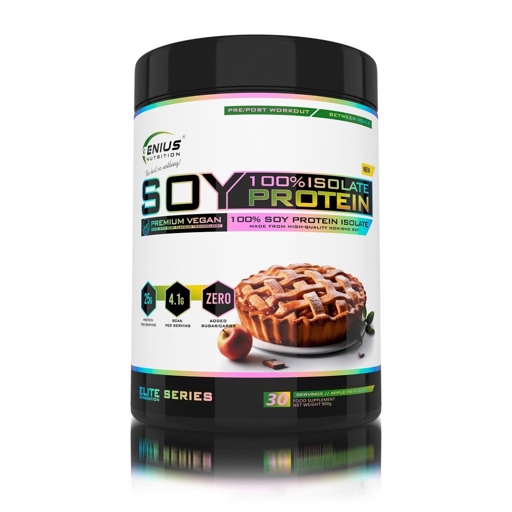 Genius Nutrition soy protein isolate powder in 900g container with apple pie flavor, ideal for muscle building and nutrition.