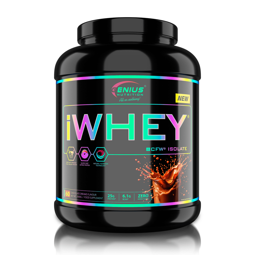 Genius Nutrition iWHEY Isolate protein powder in chocolate dreams flavor, 2000g jar, with scoop and label visible.
