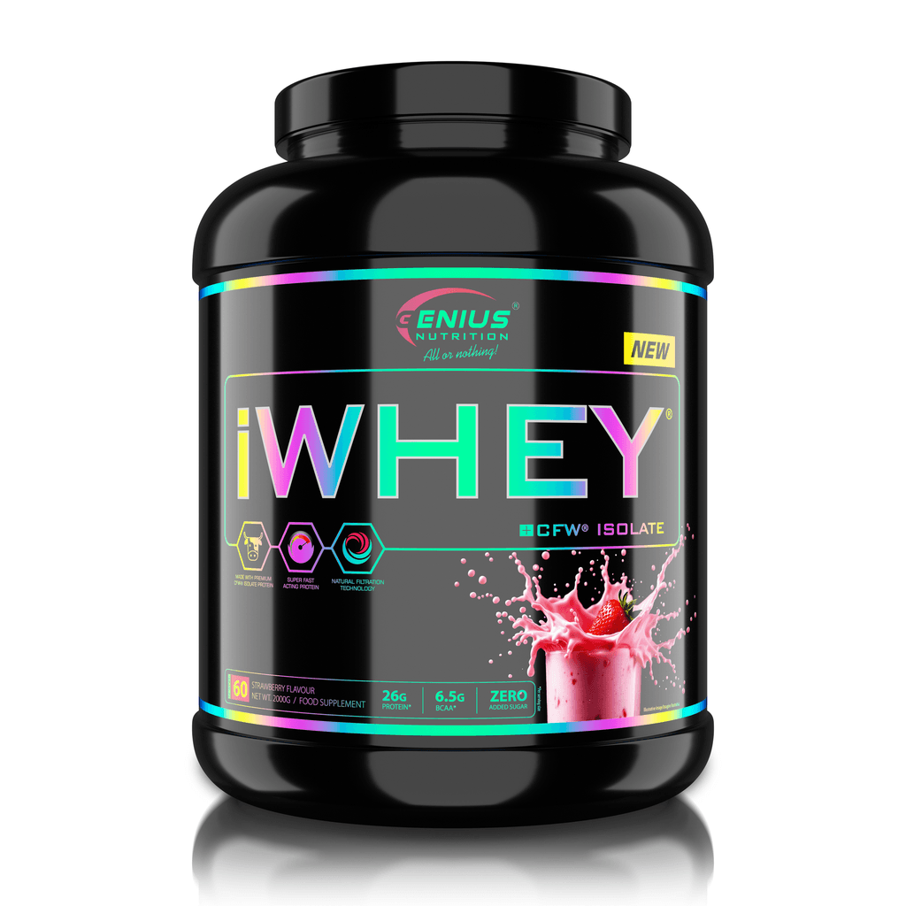 Genius Nutrition iWHEY ISOLATE protein powder in strawberry flavor, 2000g container with scoop and label visible.