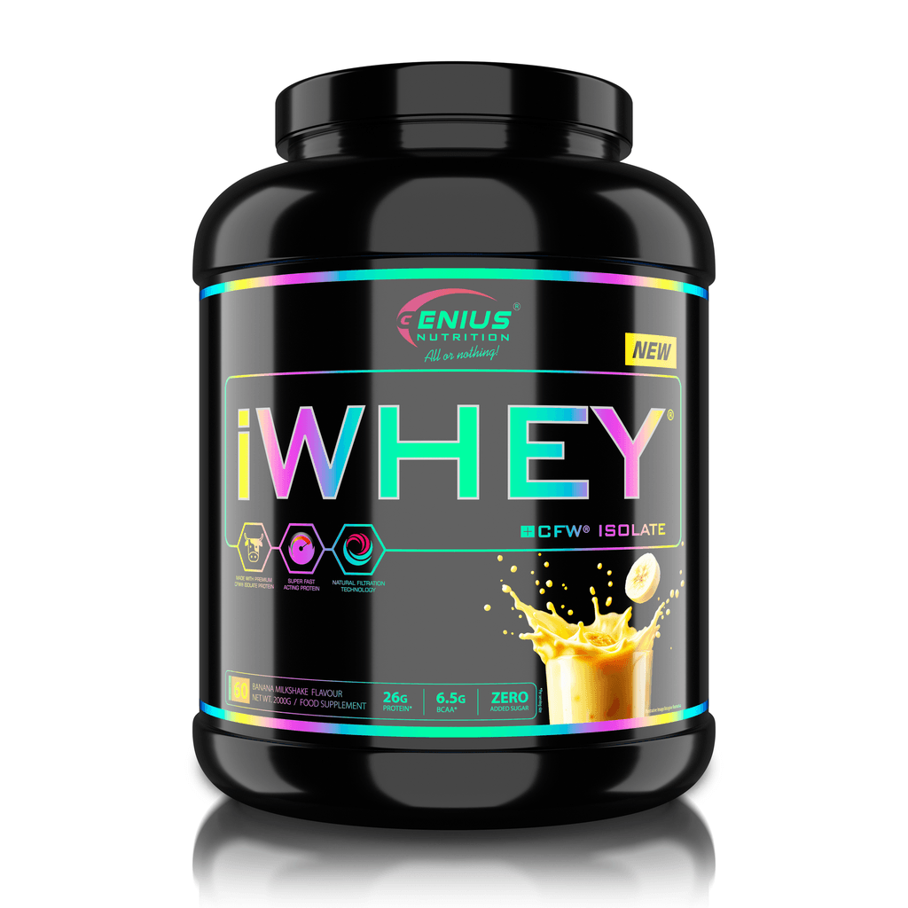 Genius Nutrition iWHEY isolate protein powder in Fresh Banana Smoothie flavor, 2000g container, with scoop and banana slices.