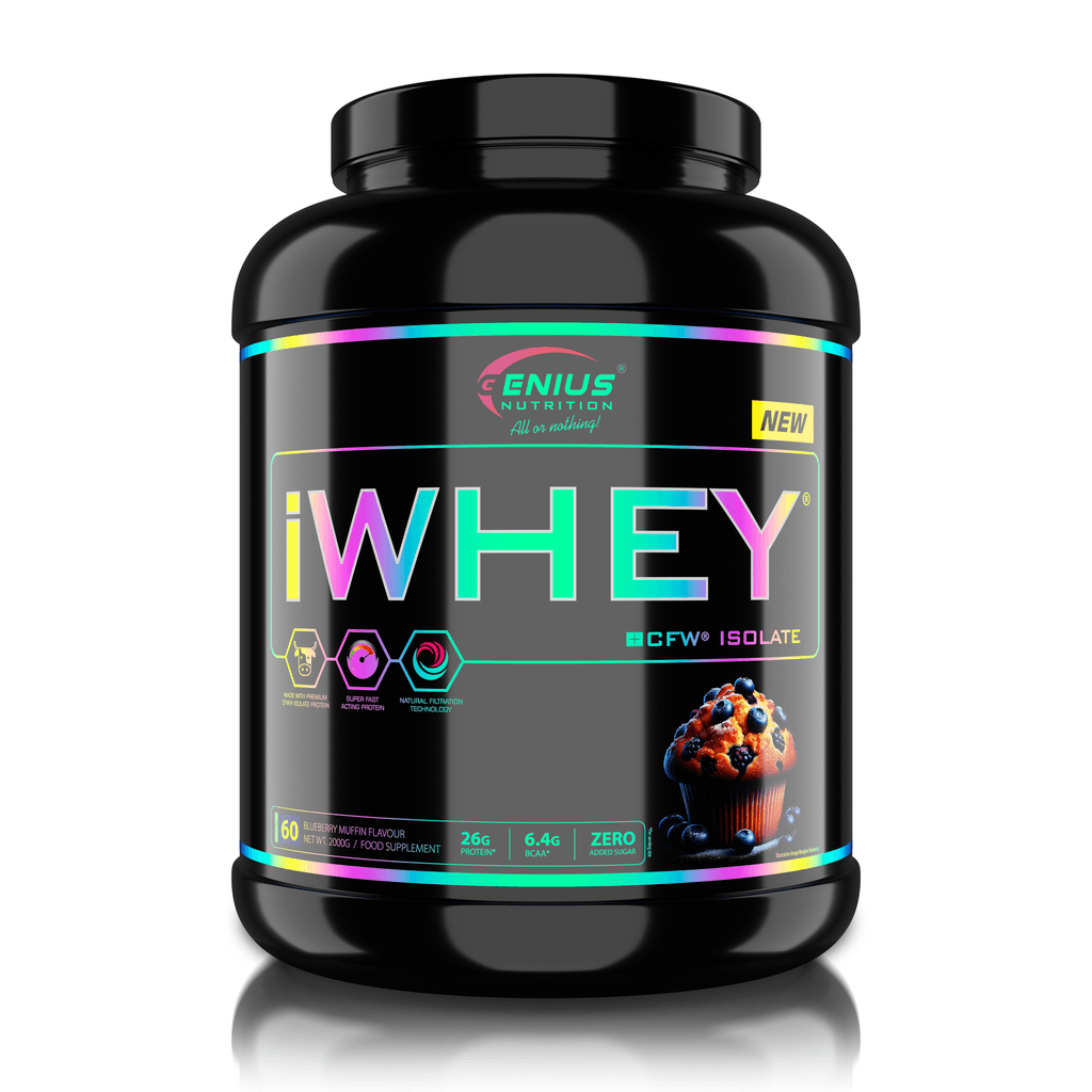 Genius Nutrition iWHEY ISOLATE protein powder in Blueberry Muffin flavor, 2000g jar, showing the product packaging.