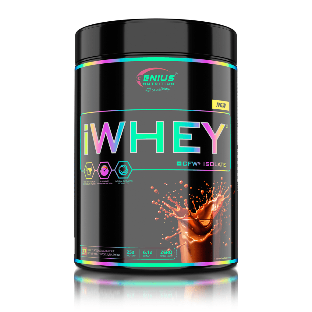 Genius Nutrition IWHEY® Isolate protein powder in chocolate flavor, 900g container, creamy and smooth texture, ideal for muscle recovery