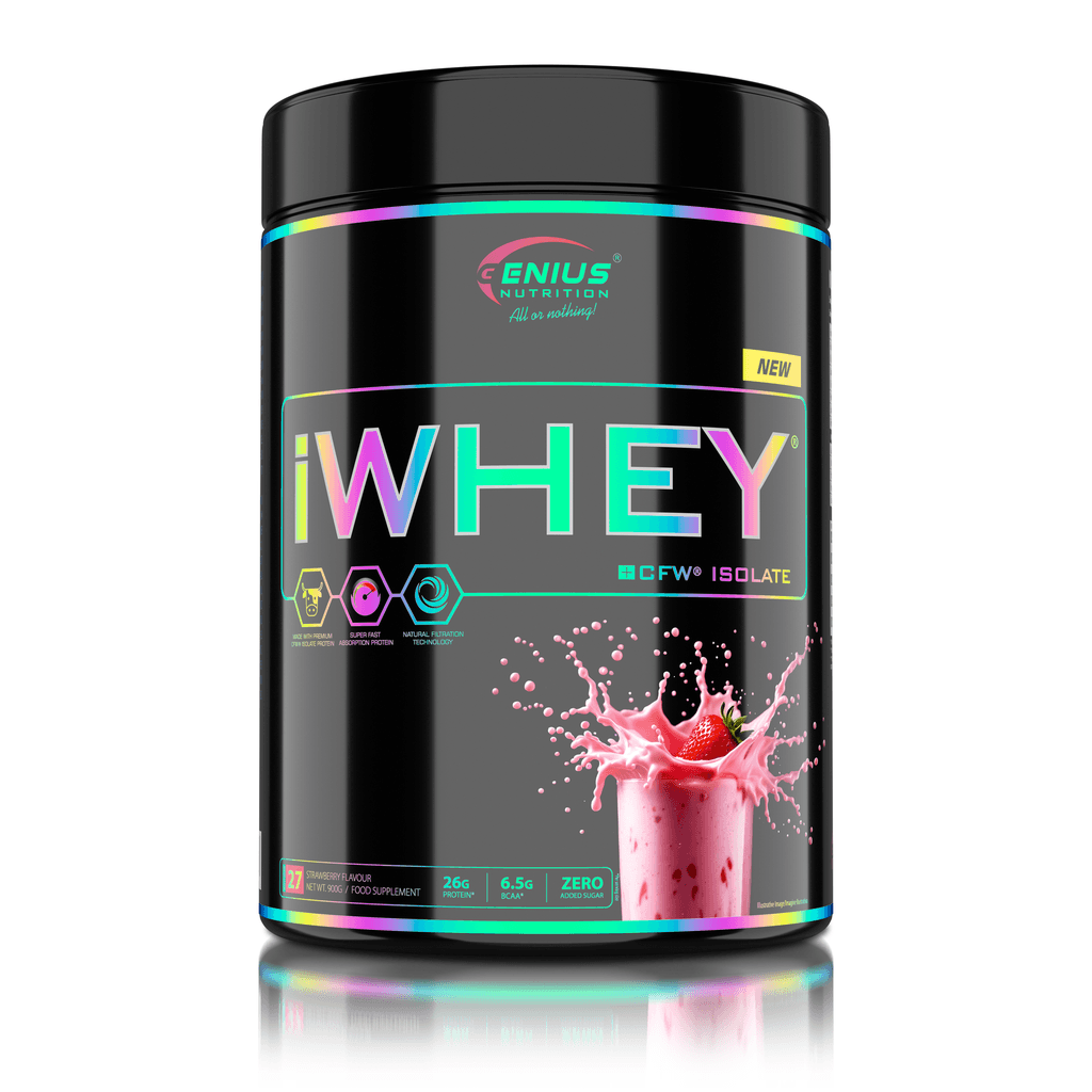 Genius Nutrition IWHEY® ISOLATE strawberry protein powder in a 900g container with scoop, for muscle recovery and nutrition.