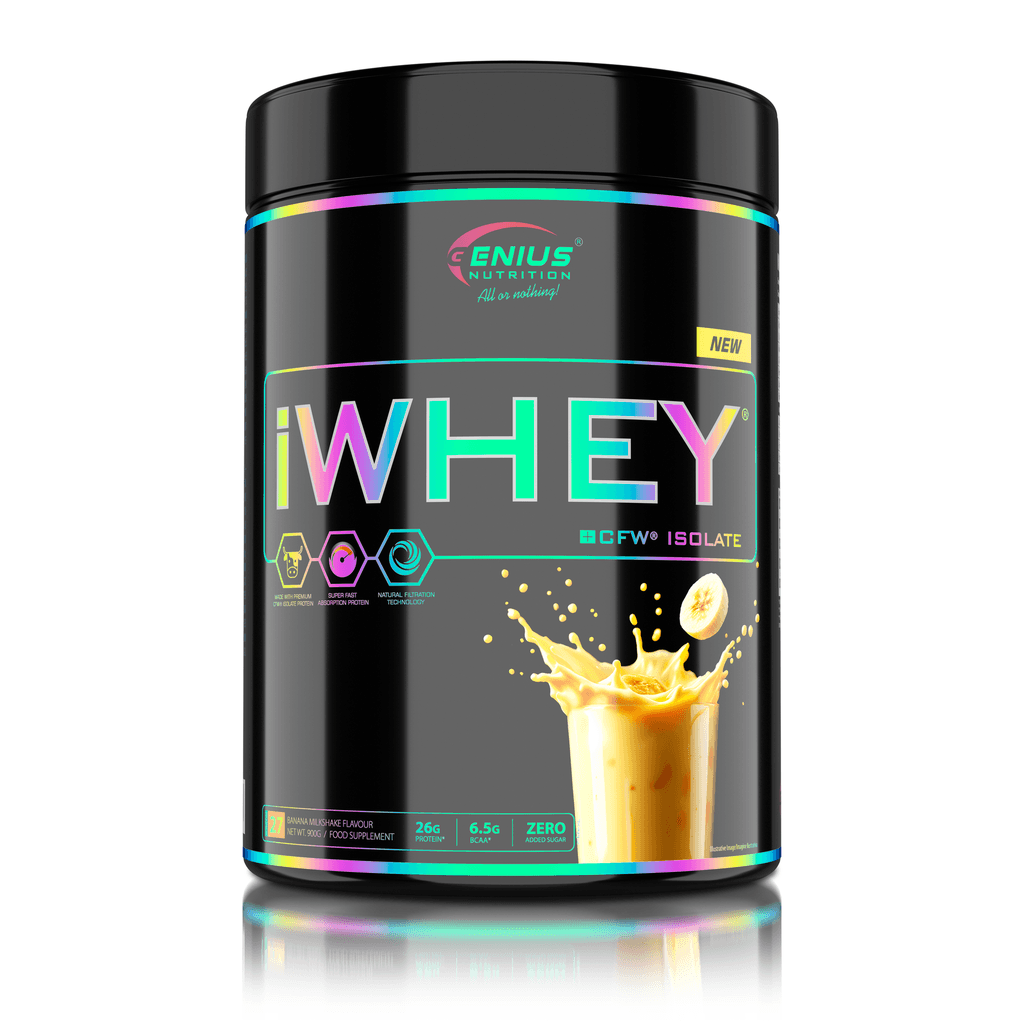 Genius Nutrition IWHEY® Isolate protein powder in 900g container with fresh banana smoothie flavor on the label
