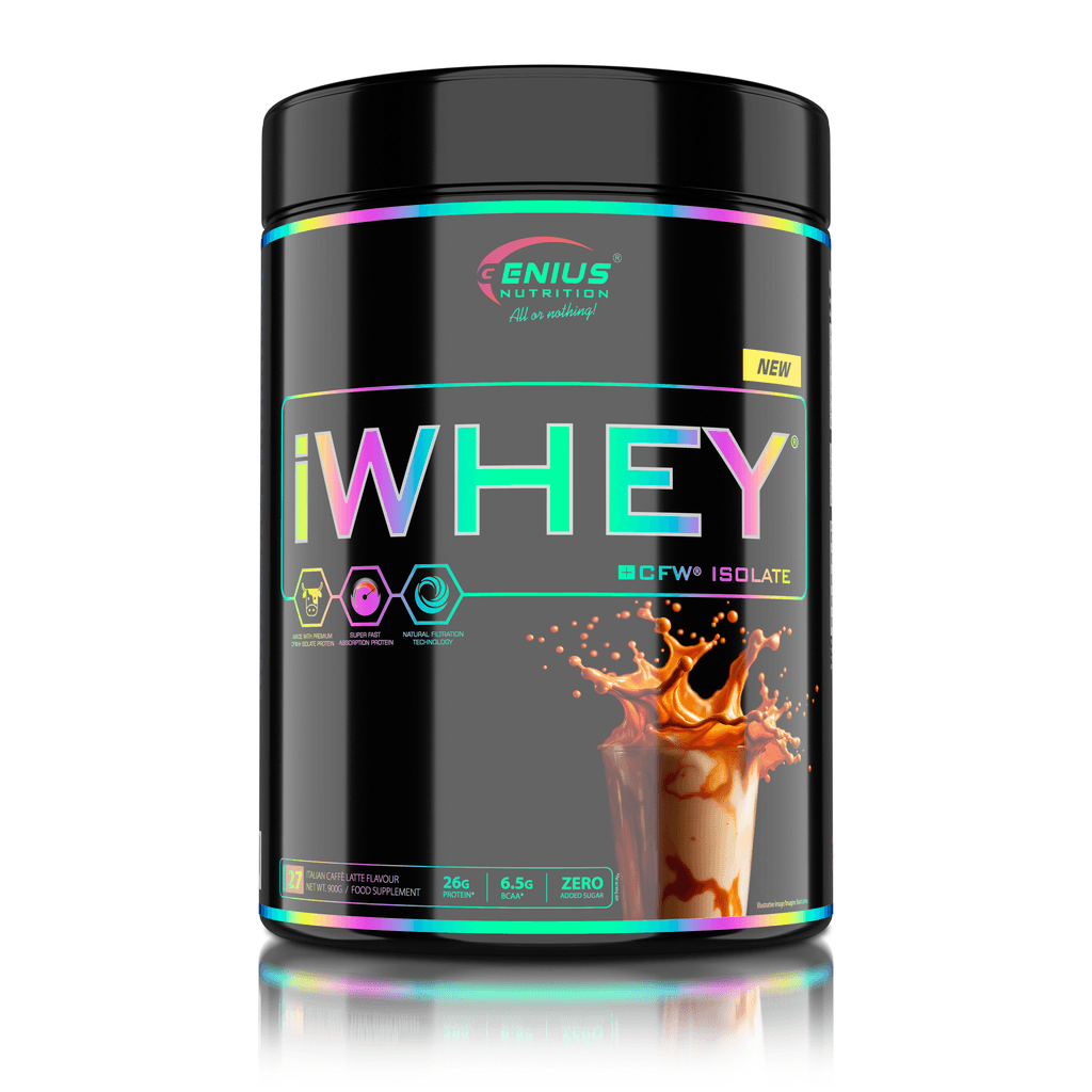 Genius Nutrition IWHEY® Isolate protein powder in 900g tub with Italian Caffe Latte flavor, showing the product packaging.