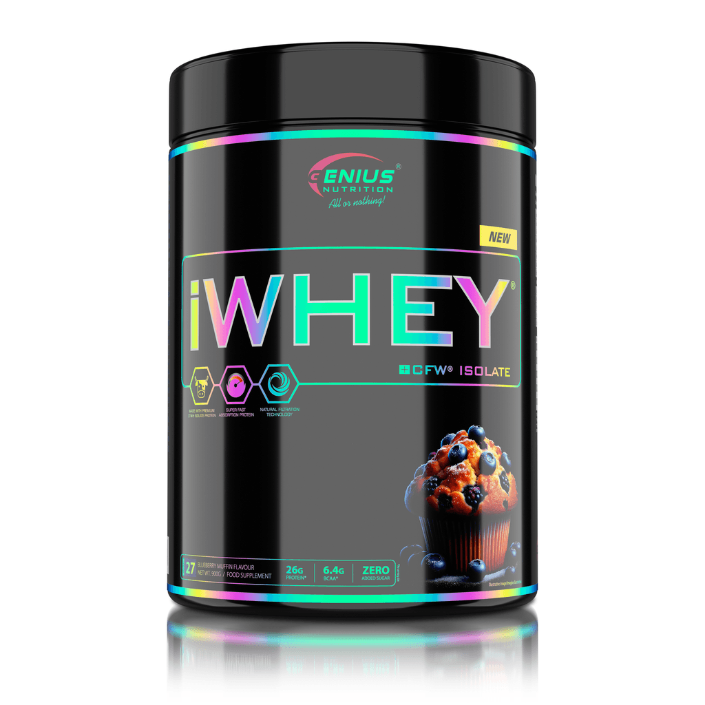Genius Nutrition IWHEY isolate protein powder in blueberry muffin flavor, 900g container with scoop on label.