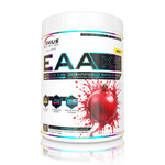 Genius Nutrition EAA-X5 supplement container with pomegranate flavor, 360g, showing the product label and vibrant pomegranate image.
