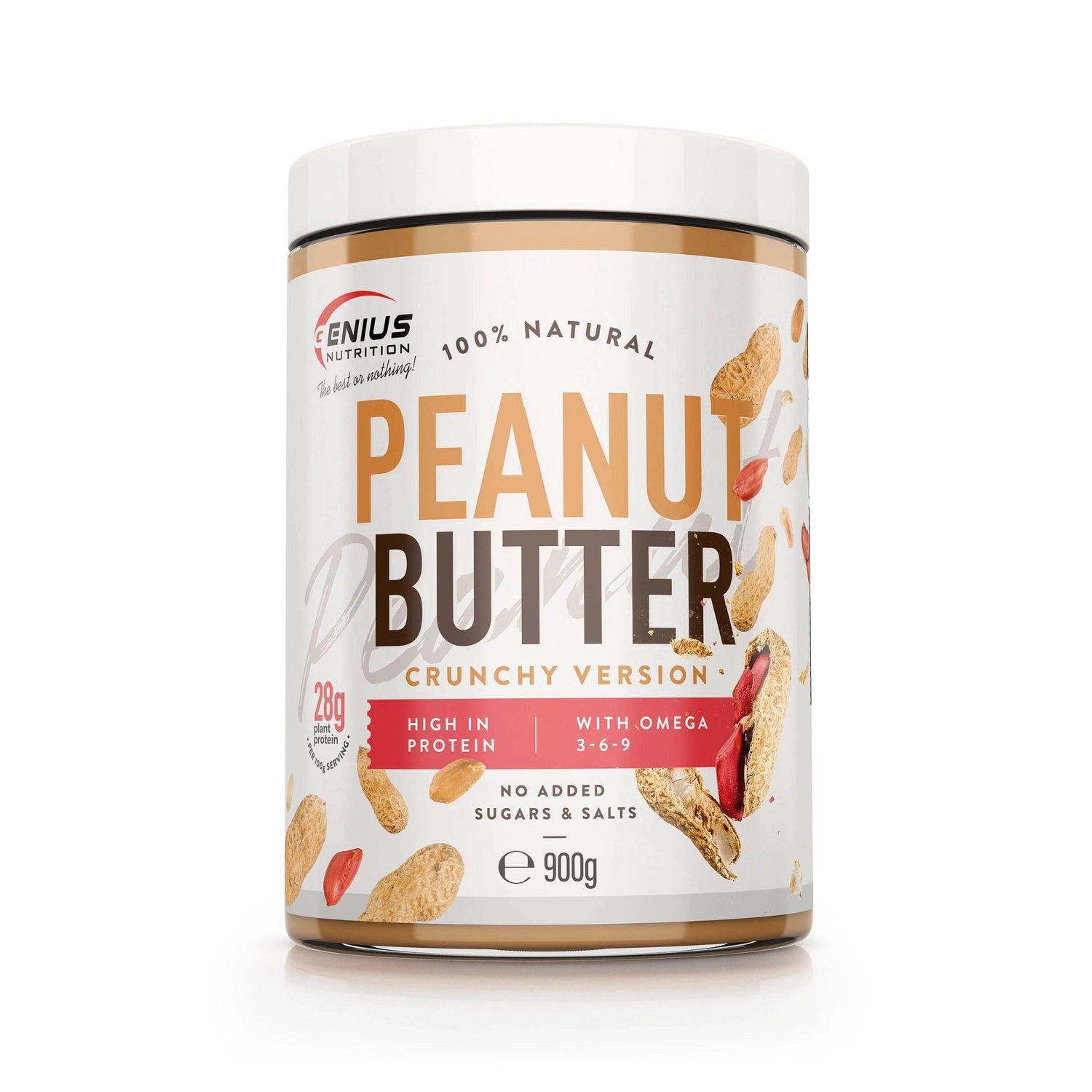 Crunchy peanut butter spread by Genius Nutrition in a 900g jar, featuring a textured, nutty appearance and natural peanut pieces.