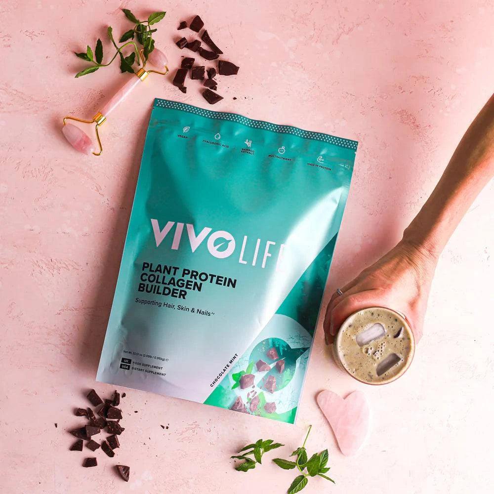 Vivo Life Collagen Builder Plant Protein supplement container with label featuring green and white design, showcasing healthy plant-based ingredients.