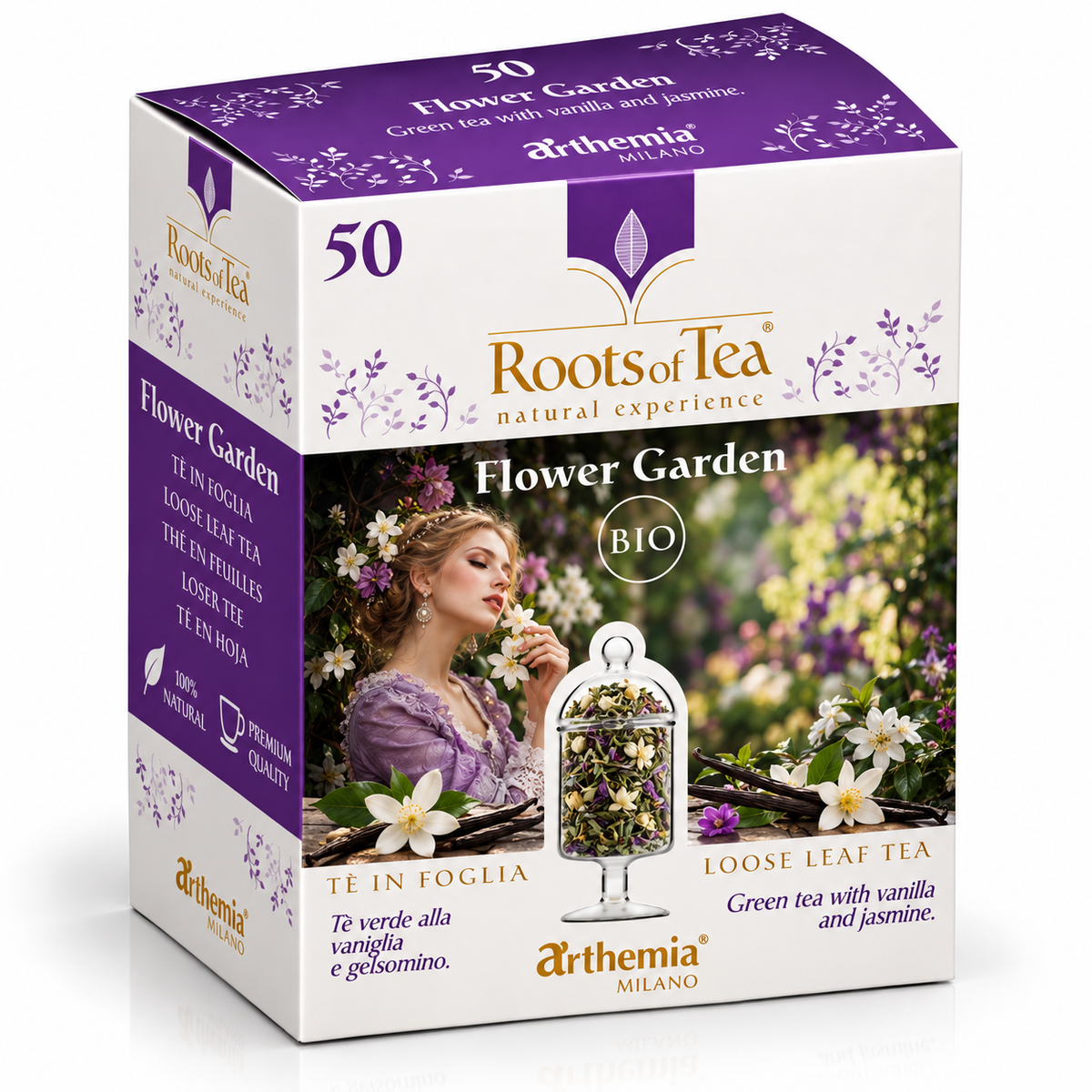 WILTON Roots of Tea Flower Garden Jasmine Green Tea box, 40 g, purple floral packaging