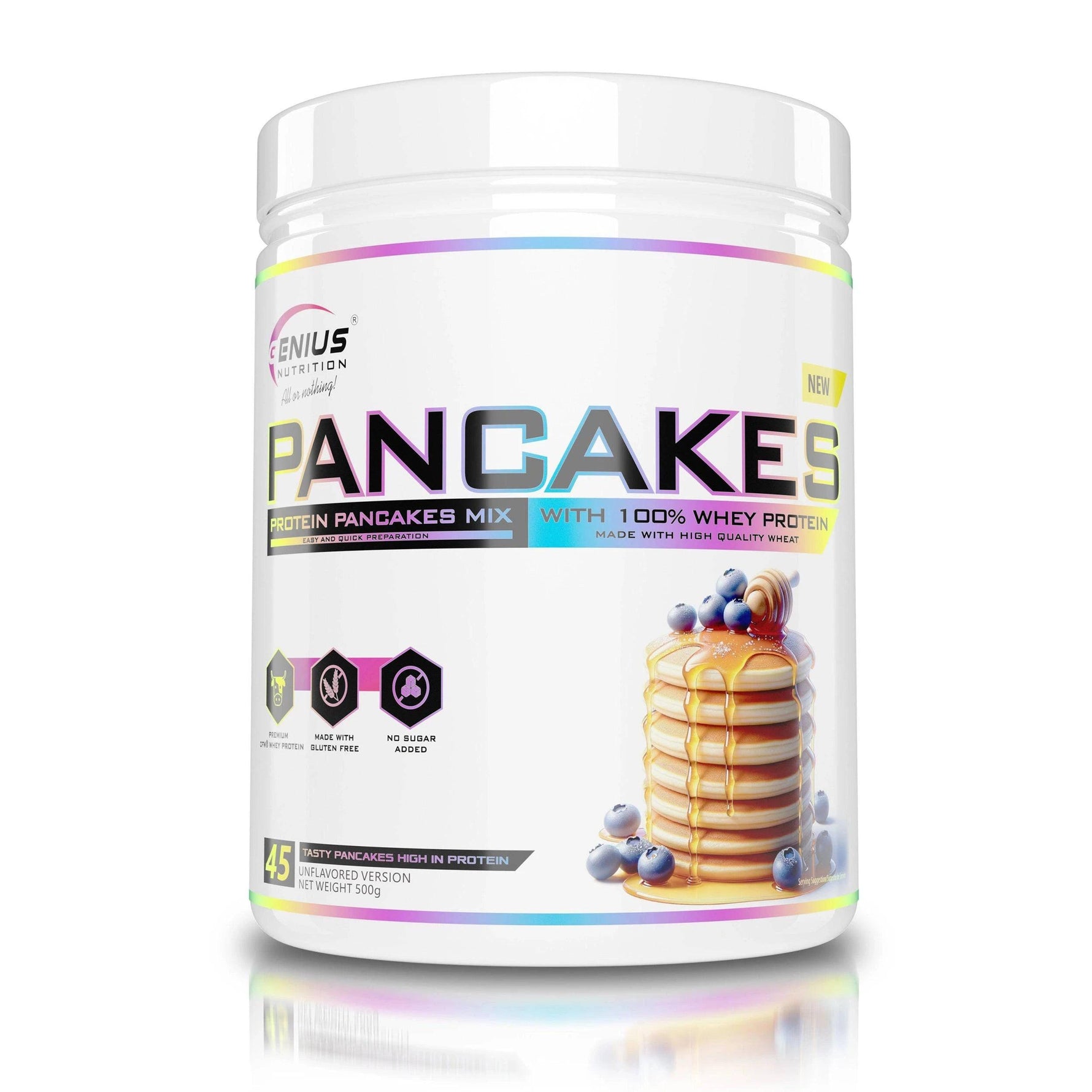 Genius Nutrition Protein Pancakes 500g package, energy protein supplement in resealable bag with branding and product labeling