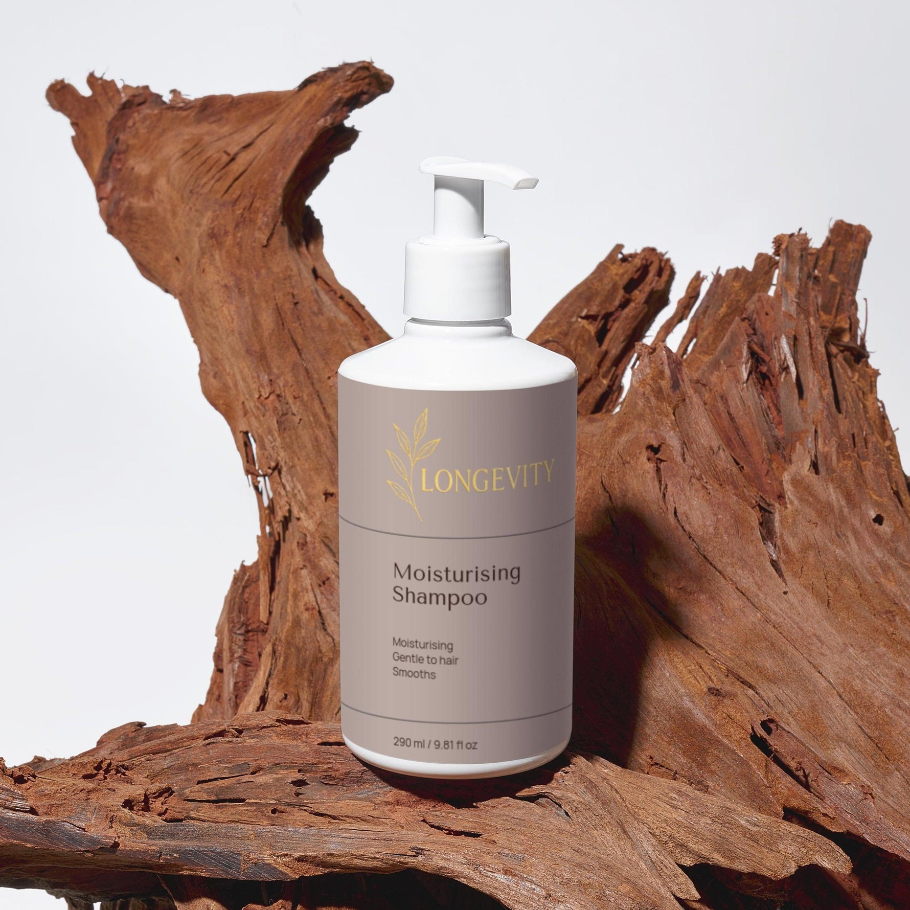 SELFNAMED Longevity Moisturising Shampoo in a 290ml bottle, with redwood extract, shown with shampoo bottle and natural setting.