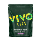Large Vivo Life Perform Raw Plant Protein & BCAA powder in acai blueberry flavor, showing the colorful protein powder container.
