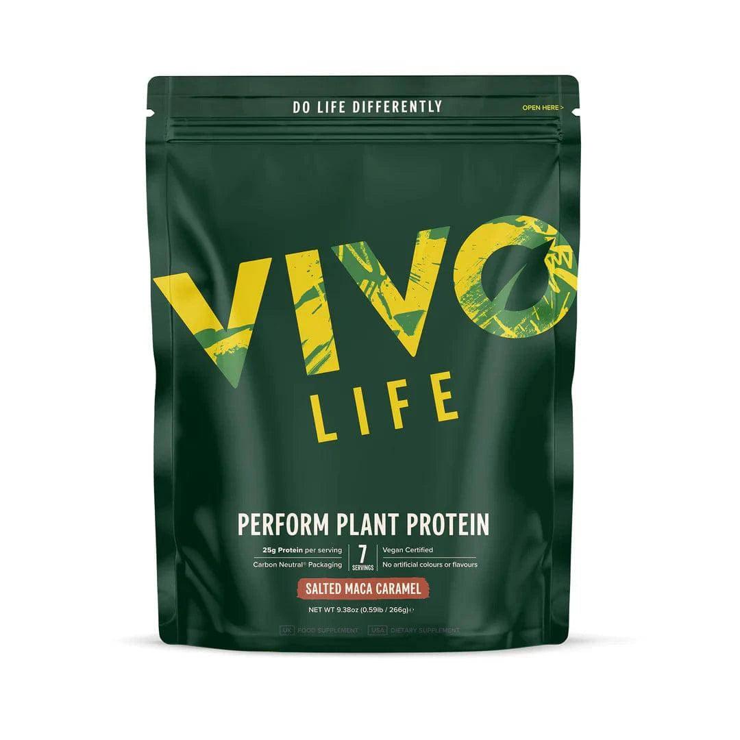 VIVO LIFE PERFORM Raw Plant Protein & BCAA supplement with salted maca caramel flavor in resealable bag, 7 servings