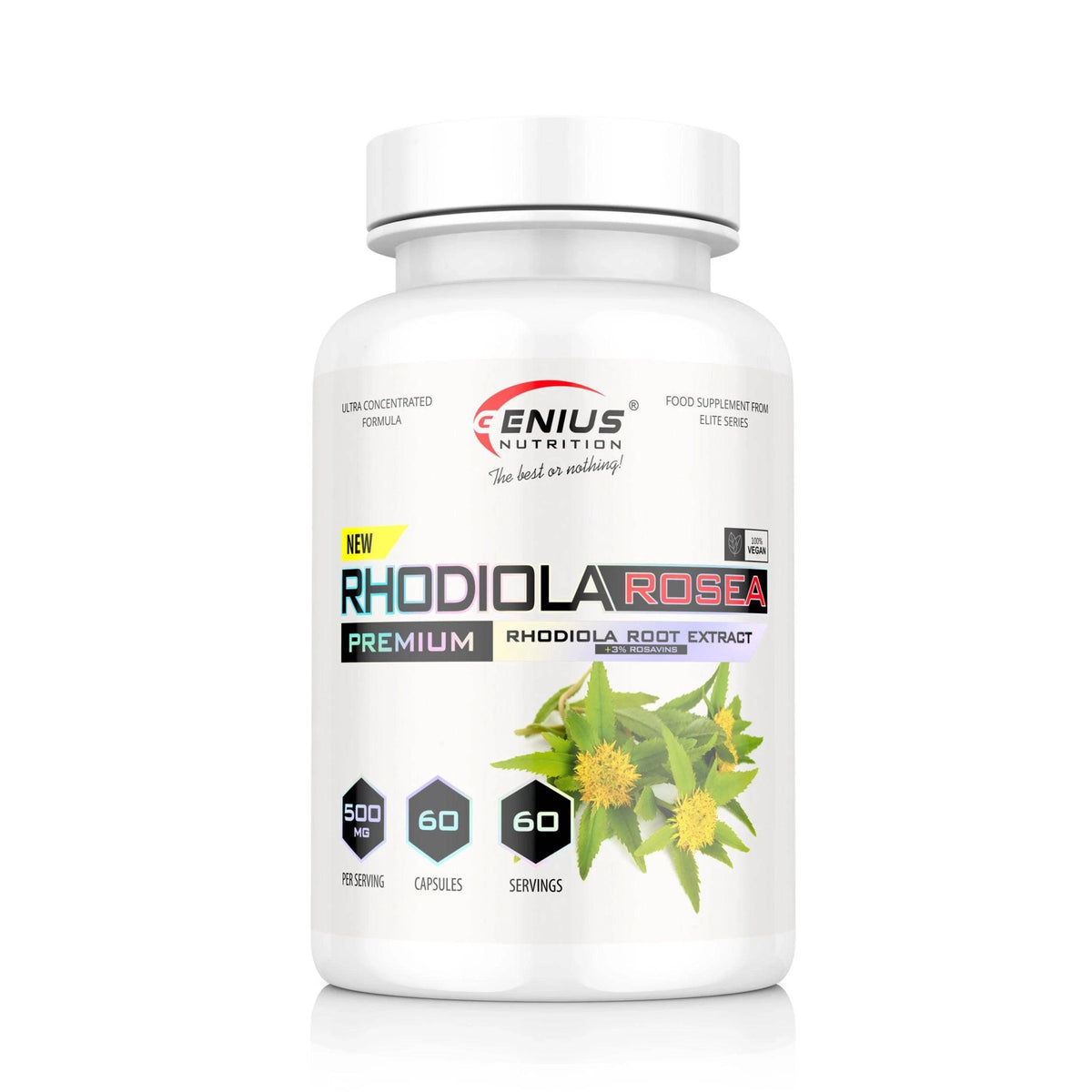 Bottle of Genius Nutrition Rhodiola Rosea supplement with 60 capsules, showing the product label and cap.