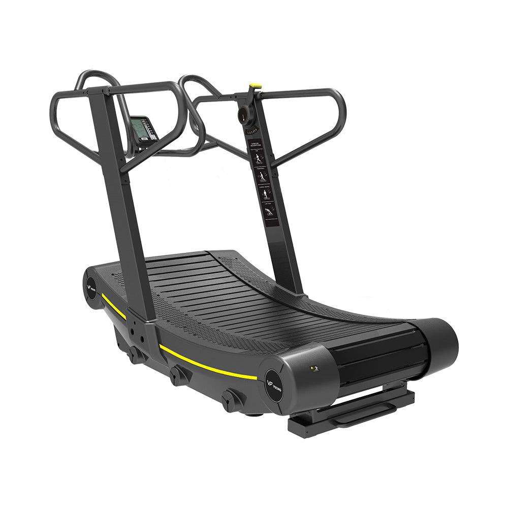 VIKING FITNESS RunMaster curved treadmill with professional magnetic design, featuring a sleek black frame and digital display for fitness training.