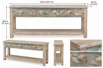 Rustic distressed wooden console table with three drawers, boho turquoise geometric design, ideal for hallway or home decor.