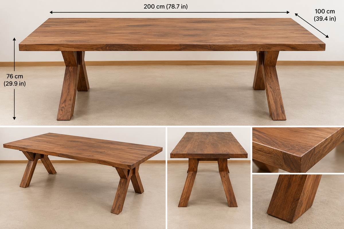 Rustic 200 cm solid wood dining table with rectangular top and angled wooden legs, ideal for home decor.