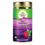 Organic India BIO Tulsi Sweet Rose loose leaf tea in a 100g tin, caffeine-free herbal tea with rose and tulsi leaves.