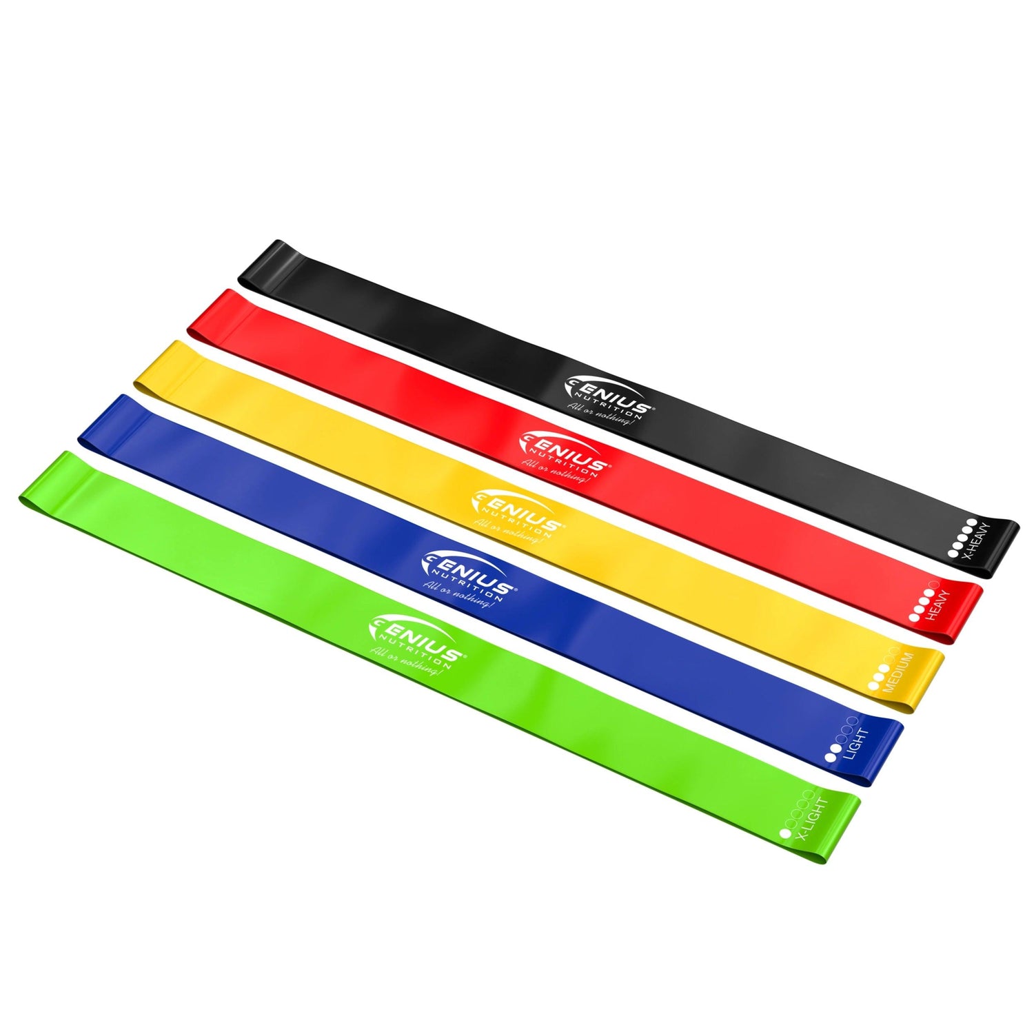 Genius Nutrition Resistance Bands GG-2 fitness equipment set with elastic resistance bands for strength training and exercise.