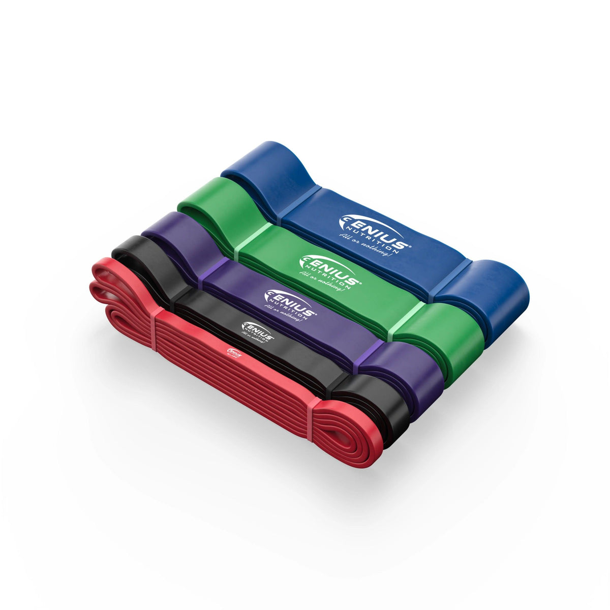 Set of Genius Nutrition Pull-Up Bands GG-1 for fitness resistance training, showing multiple colorful bands on a white background.