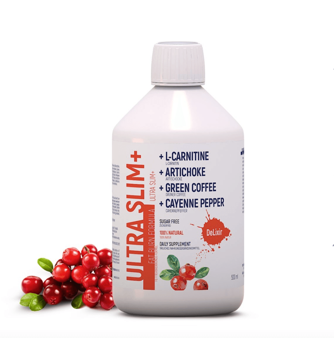DeLixir Ultra Slim+ supplement bottle by DETA ELIS, featuring a sleek design and label with product details.