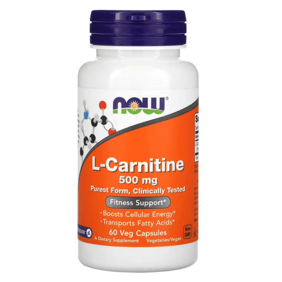 Old Products NOW Foods L-Carnitine 500 mg supplement bottle with 60 vegetarian capsules on a white background.