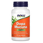 NOW Foods Dopa Mucuna supplement capsules in a bottle, vegetarian-friendly, designed to support mood and cognitive health.