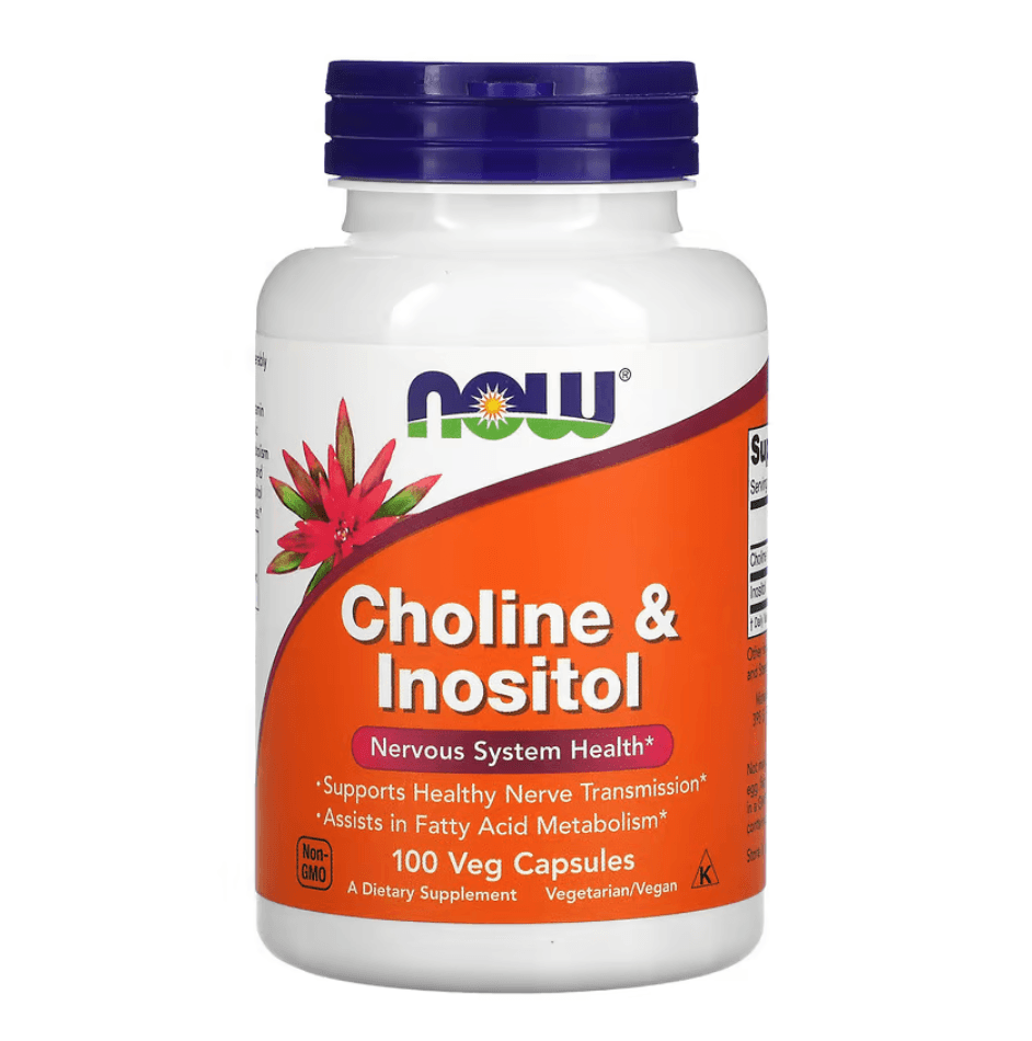 Vegetable capsule bottle of NOW Foods Choline & Inositol supplement by MKSTAVRINOS, showing 100 vegan capsules on the label.