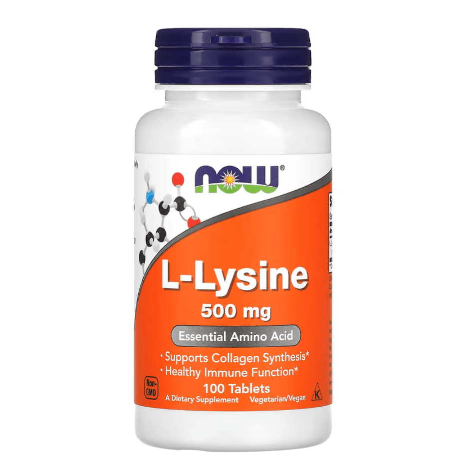 Bottle of NOW Foods L-Lysine 500 mg supplement with 100 tablets, natural health product for immune support.