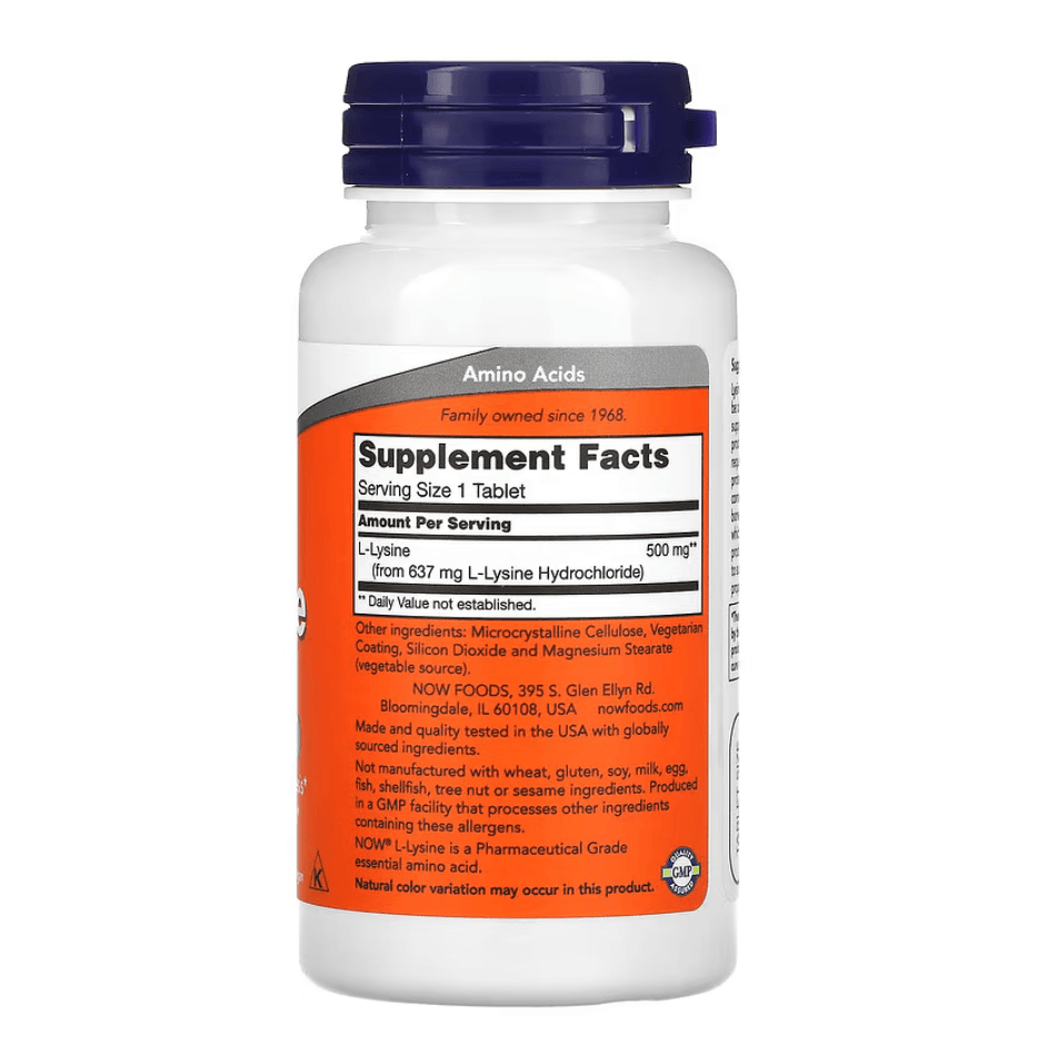 L-Lysine supplement by MKSTAVRINOS, 500 mg, 100 tablets, showing the bottle and label with tablets inside.