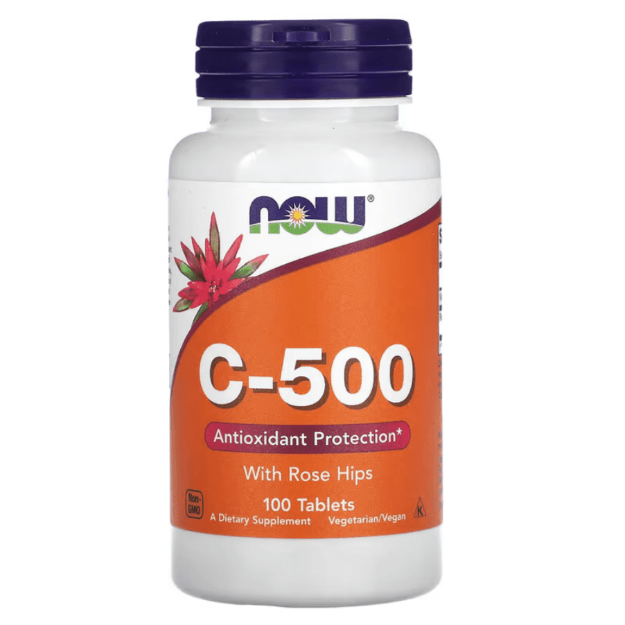 NOW Foods C-500 supplement with rose hips, 100 tablets, showing the supplement bottle with orange and green label.