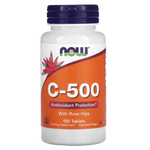 NOW Foods C-500 supplement with rose hips, 100 tablets, showing the supplement bottle with orange and green label.