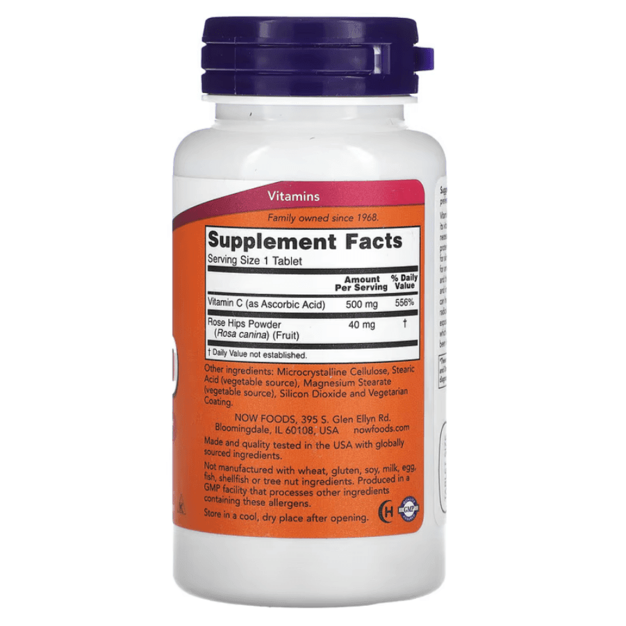 NOW Foods C-500 supplement with rose hips, 100 tablets, showing the supplement bottle and label.