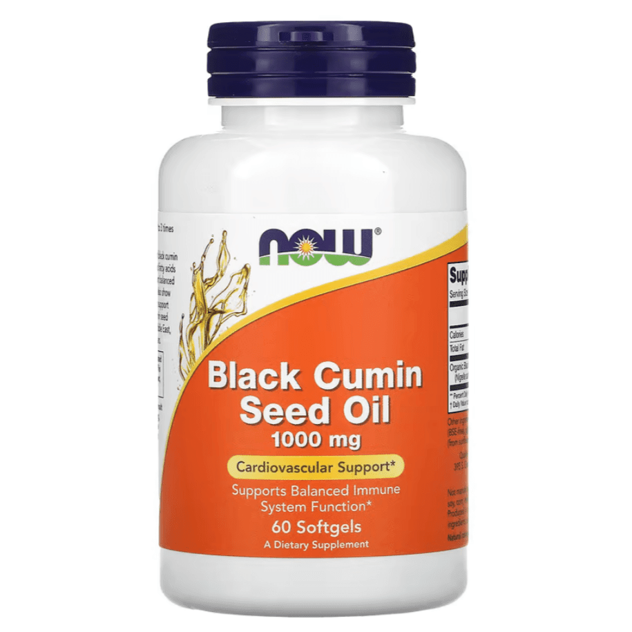 Black cumin seed oil softgels by MKSTAVRINOS, 1,000 mg supplement in a bottle with 60 softgel capsules.