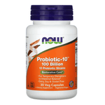 MKSTAVRINOS NOW Foods Probiotic-10 supplement with 100 billion CFUs in 30 vegetarian capsules, supporting digestive health.