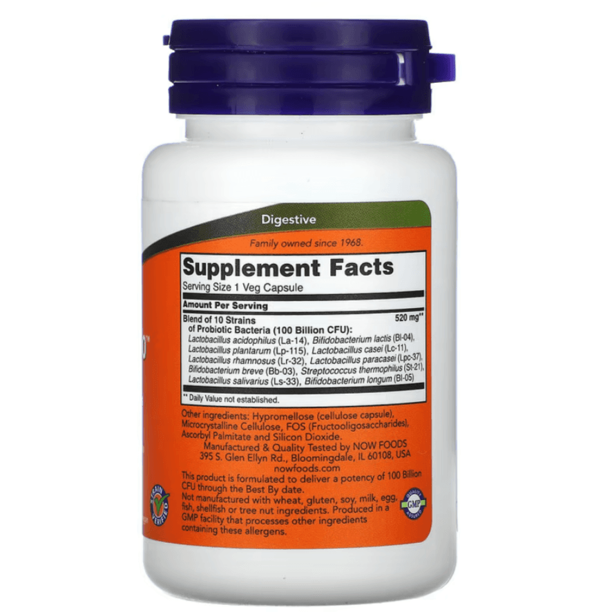 MKSTAVRINOS Probiotic-10 supplement with 100 billion CFUs in 30 vegetarian capsules, supporting digestive health.