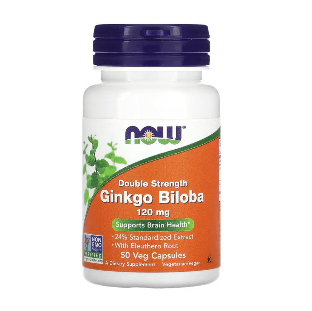 Old Products NOW Foods Ginkgo Biloba supplement capsules, double strength 120 mg, 50 vegetarian capsules for mental clarity.