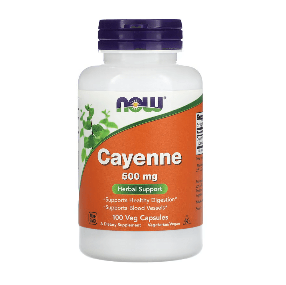 NOW Foods Cayenne 500 mg supplement in 100 veggie capsules, shown in a bottle with red cayenne pepper capsules inside.