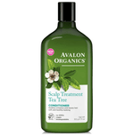 Bottle of Avalon Organics Tea Tree Shampoo Scalp Treatment in a 325 ml bottle with natural ingredients and clear label.